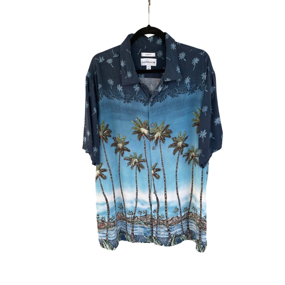 Saddlebred Hawaiian Shirt XXL Palm Tree Beach Rayon Camp Button Up Blue